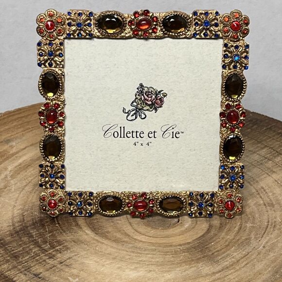 Collette Et Cie Colorful Rhinestone Jewel Goldtone Picture Frame 4x4 - Picture 1 of 6